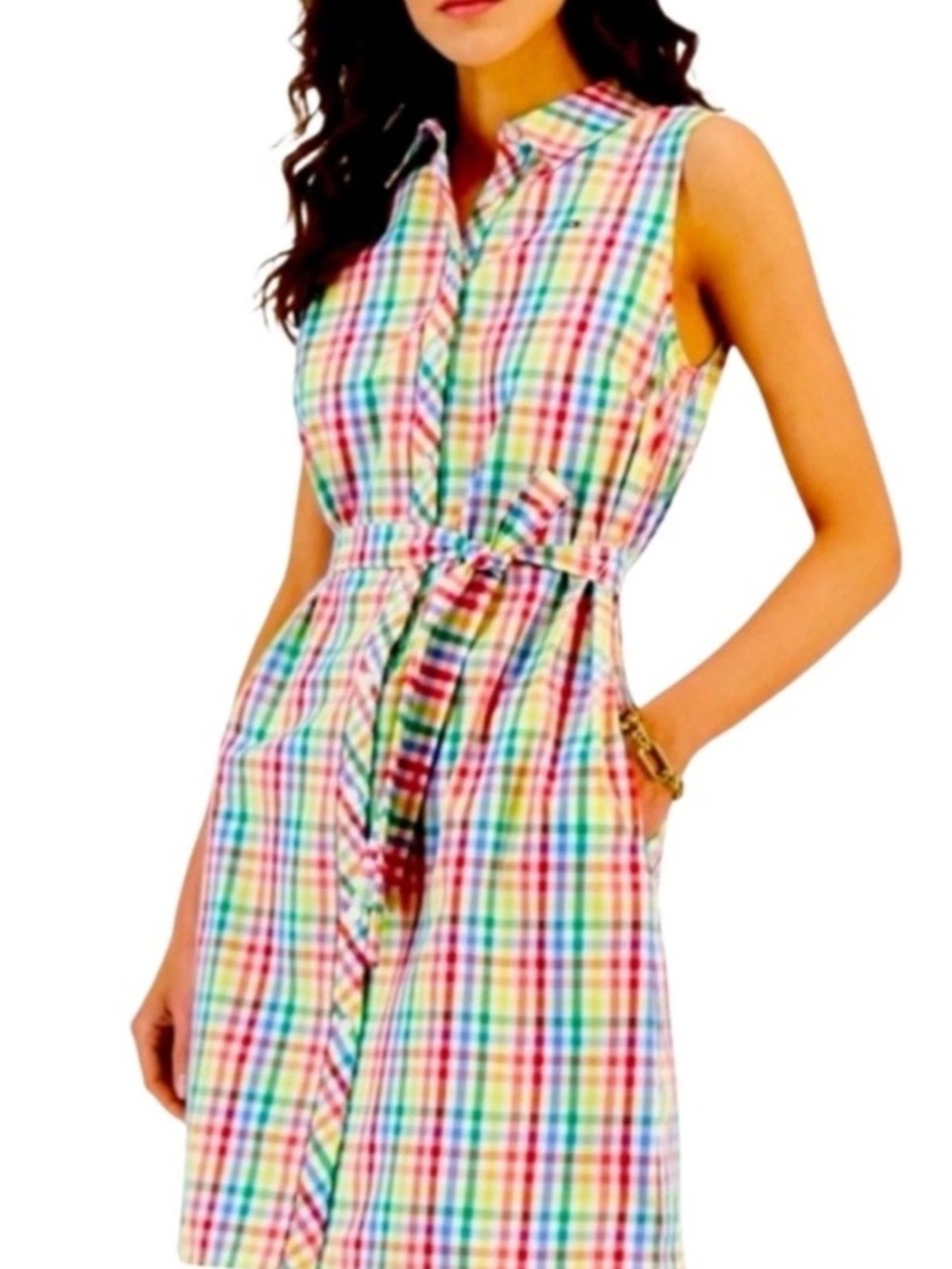 Tommy Hilfiger Preppy Gingham Button-Up Shirt dress with tie cotton size 12